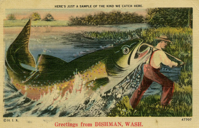 Vintage postcard illustration of a fisherman catching a large fish in Dishman, Washington